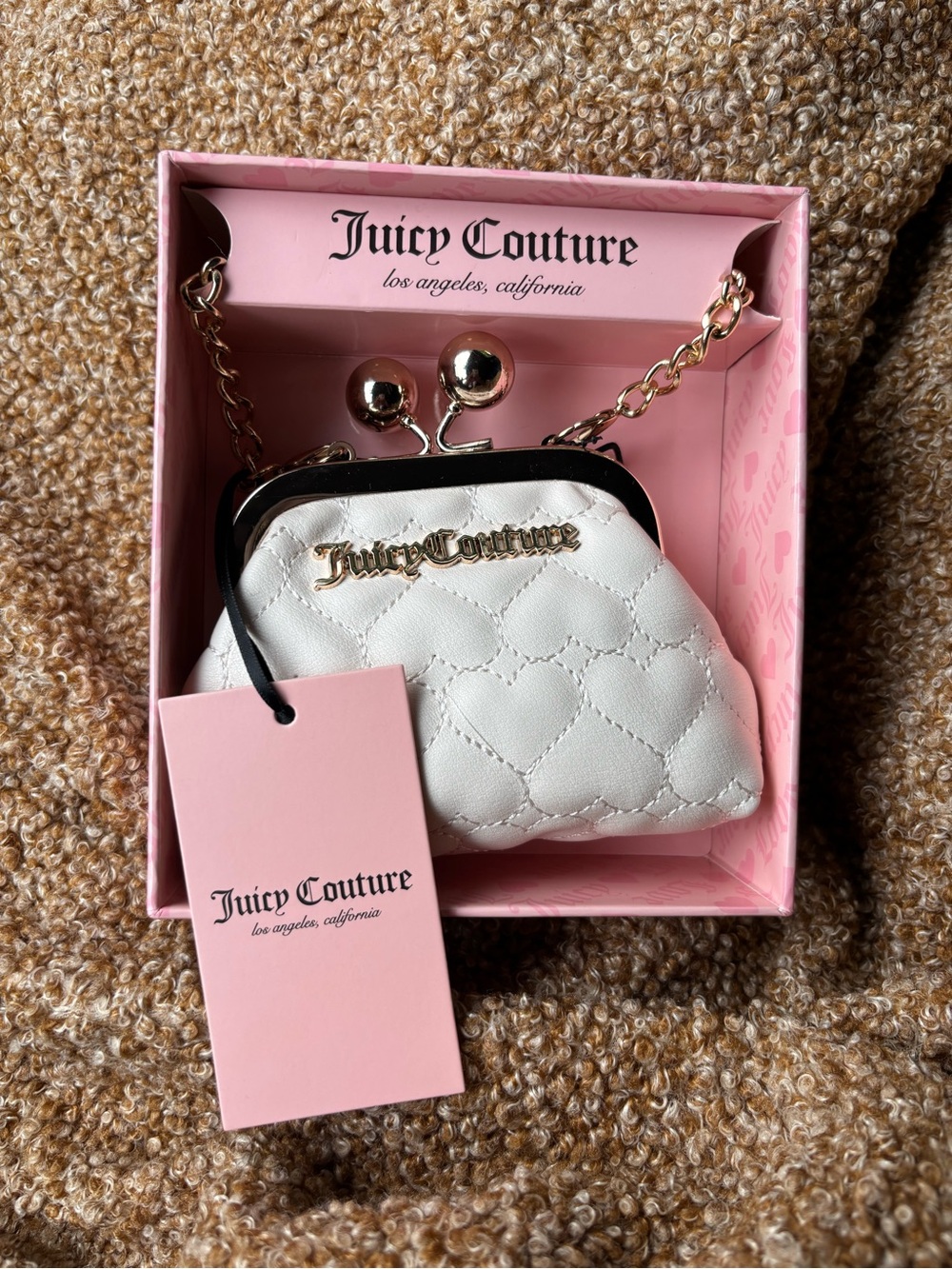 Juicy Couture White Quilted Heart Wristlet with Gold Hardware